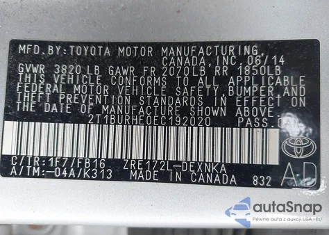 2014 Toyota Corolla Le z USA, uszkodzony, nr VIN 2T1BURHE0EC192020